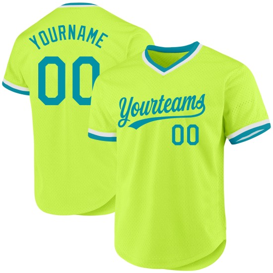 Maglia da baseball autentica, stile retrò, verde acqua neon e bianca, personalizzata Maglia da baseball autentica, stile retrò, verde acqua neon e bianca, personalizzata