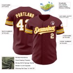Maglia da baseball personalizzata autentica bordeaux, bianca e oro Maglia da baseball personalizzata autentica bordeaux, bianca e oro