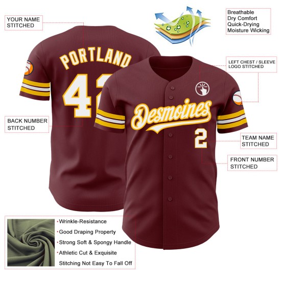 Maglia da baseball personalizzata autentica bordeaux, bianca e oro Maglia da baseball personalizzata autentica bordeaux, bianca e oro