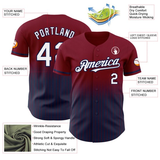 Maglia da baseball personalizzata Fade White-Navy Pinstripe autentica alla moda bordeaux Maglia da baseball personalizzata Fade White-Navy Pinstripe autentica alla moda bordeaux