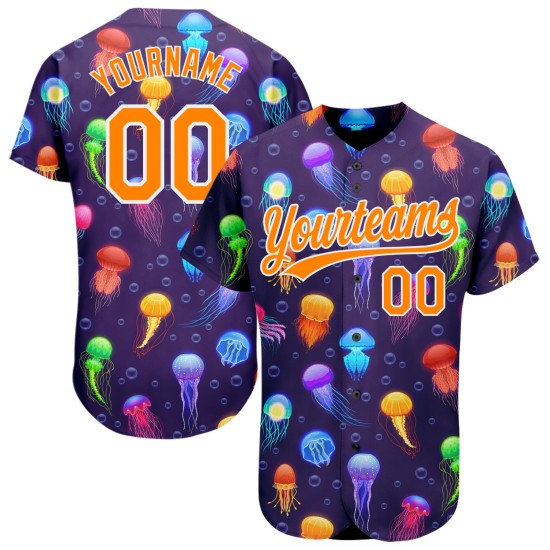 Maglia da baseball personalizzata con motivo a meduse, motivo colorato Bay, arancione-bianco, 3D, autentico cartone animato viola Maglia da baseball personalizzata con motivo a meduse, motivo colorato Bay, arancione-bianco, 3D, autentico cartone animato viola