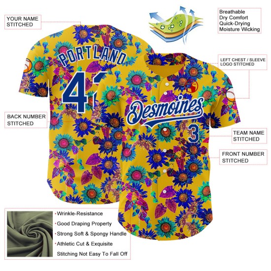 Maglia da baseball Northeast Big Flower Pattern Royal-White Design, personalizzata in Cina, autentica, 3D, gialla Maglia da baseball Northeast Big Flower Pattern Royal-White Design, personalizzata in Cina, autentica, 3D, gialla