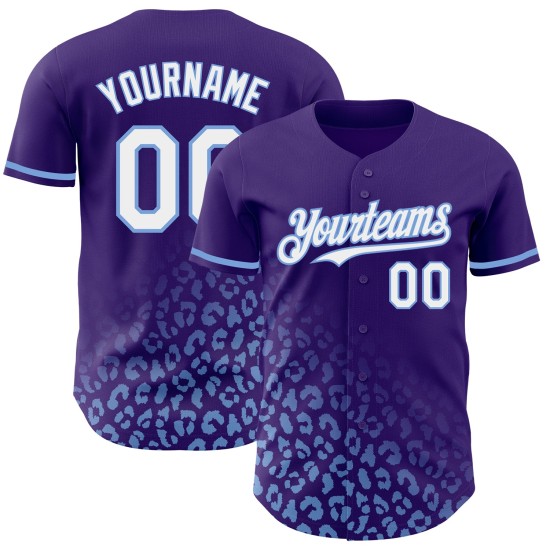 Maglia da baseball blu autentica, personalizzata, con stampa leopardata 3D viola, bianca e chiara. Maglia da baseball blu autentica, personalizzata, con stampa leopardata 3D viola, bianca e chiara.