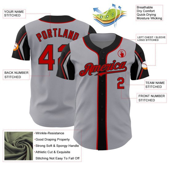 Maglia da baseball con 3 colori personalizzati, forme autentiche del braccio, colore rosso-nero Maglia da baseball con 3 colori personalizzati, forme autentiche del braccio, colore rosso-nero