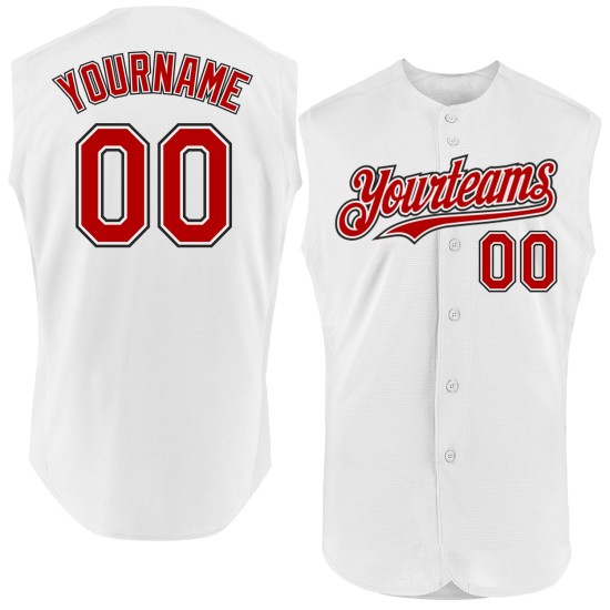 Maglia da baseball bianca autentica rossa e nera personalizzata senza maniche Maglia da baseball bianca autentica rossa e nera personalizzata senza maniche