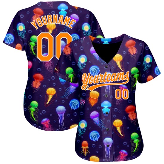 Maglia da baseball personalizzata con motivo a meduse, motivo colorato Bay, arancione-bianco, 3D, autentico cartone animato viola Maglia da baseball personalizzata con motivo a meduse, motivo colorato Bay, arancione-bianco, 3D, autentico cartone animato viola