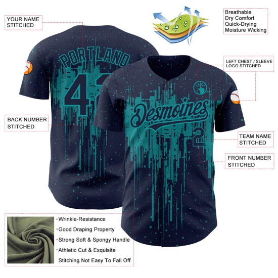 Maglia da baseball con schizzi di vernice gocciolante, autentica, in blu navy e verde acqua, con design 3D personalizzato Maglia da baseball con schizzi di vernice gocciolante, autentica, in blu navy e verde acqua, con design 3D personalizzato