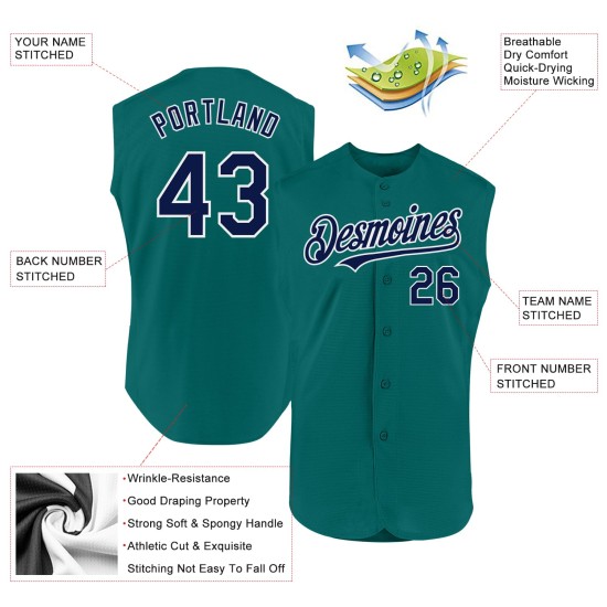 Maglia da baseball autentica personalizzata senza maniche blu navy e bianca, color verde acqua Maglia da baseball autentica personalizzata senza maniche blu navy e bianca, color verde acqua