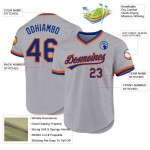 Maglia da baseball autentica retrò grigia blu-arancio personalizzata Maglia da baseball autentica retrò grigia blu-arancio personalizzata