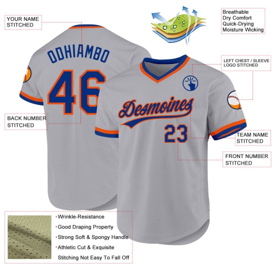 Maglia da baseball autentica retrò grigia blu-arancio personalizzata Maglia da baseball autentica retrò grigia blu-arancio personalizzata