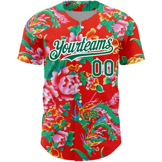 Maglia da baseball Kelly Northeast con motivo autentica, rossa, 3D, verde e bianco, personalizzata con fiori cinesi Maglia da baseball Kelly Northeast con motivo autentica, rossa, 3D, verde e bianco, personalizzata con fiori cinesi
