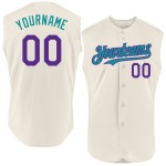 Maglia da baseball autentica personalizzata viola-verde acqua, senza maniche, color crema Maglia da baseball autentica personalizzata viola-verde acqua, senza maniche, color crema