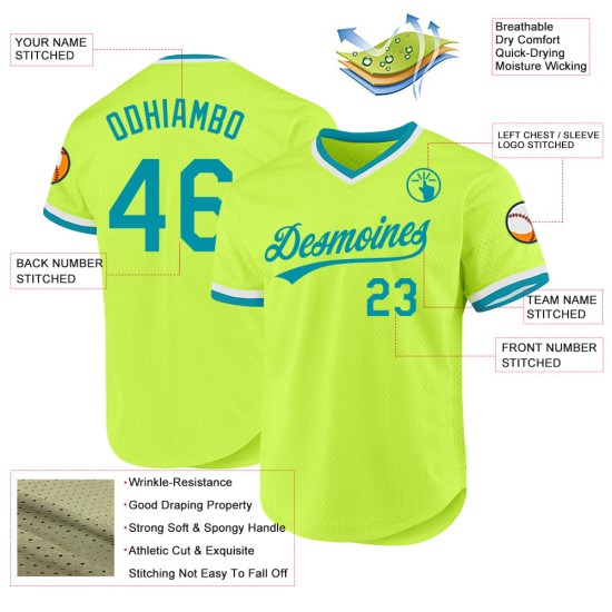 Maglia da baseball autentica, stile retrò, verde acqua neon e bianca, personalizzata Maglia da baseball autentica, stile retrò, verde acqua neon e bianca, personalizzata